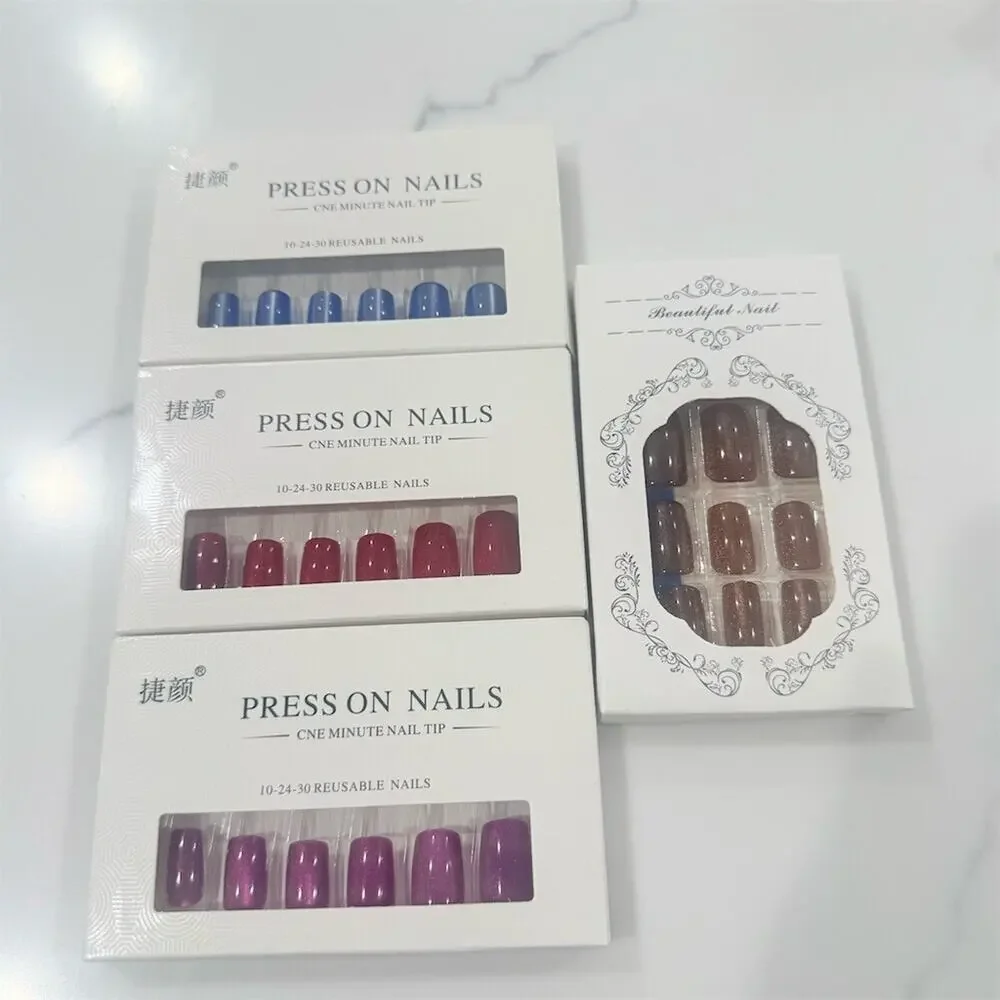 4 Pack Reusable Press-On Nails Set w/ Glue Multicolor Shimmer Manicure